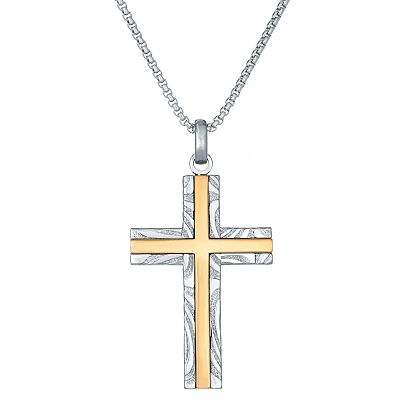 Men's LYNX Gold Inset Damascus Steel Cross Pendant Necklace - Main Image