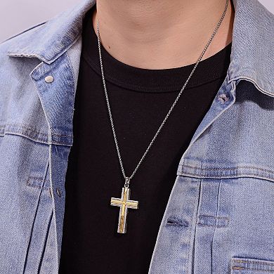 Men's LYNX Gold Inset Damascus Steel Cross Pendant Necklace