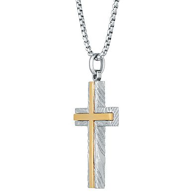 Men's LYNX Gold Inset Damascus Steel Cross Pendant Necklace