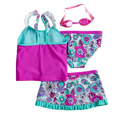 Girls 4-6x ZeroXposur Scribble Doodle Tankini Top & Bottoms & Skirt Swimsuit Set with Goggles