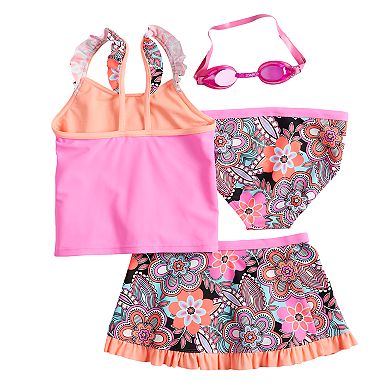 Girls 4-6x ZeroXposur Whirl Wind Tankini Top & Bottoms & Skirt Swimsuit Set with Goggles