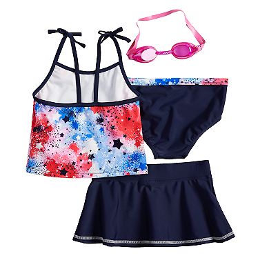 Girls 4-6x ZeroXposur Fireworks Tankini Top, Bottoms & Skirt Swimsuit Set with Goggles