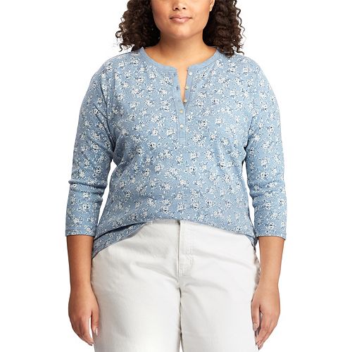 Plus Size Chaps WaffleKnit Floral Henley Tee