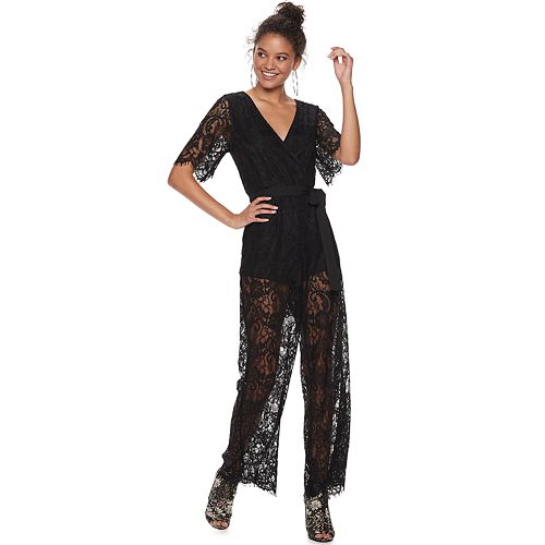 Juniors' Three Pink Heart Sheer Lace Jumpsuit