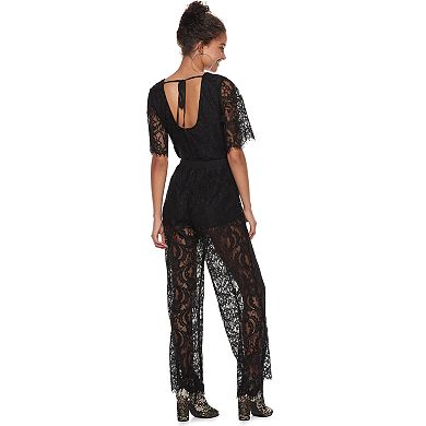 Juniors' Three Pink Heart Sheer Lace Jumpsuit