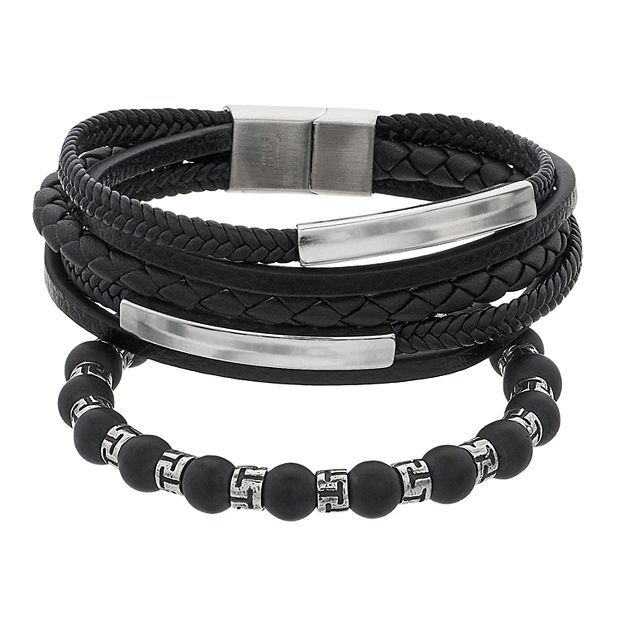 1913 Men's 3-pc. Stainless Steel & Black Leather Bracelet Set