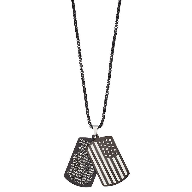 1913 Mens Stainless Steel Lords Prayer American Flag Dogtag Necklace, Si