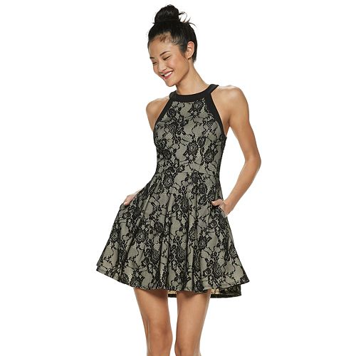 Juniors' Speechless High Neck Lace Skater Dress