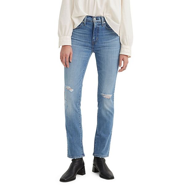 Levi's 724 high rise ripped straight jean in mid wash