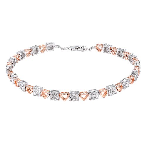 18k Rose Gold Over Silver 1/6 Carat T.W. Diamond Heart Bracelet