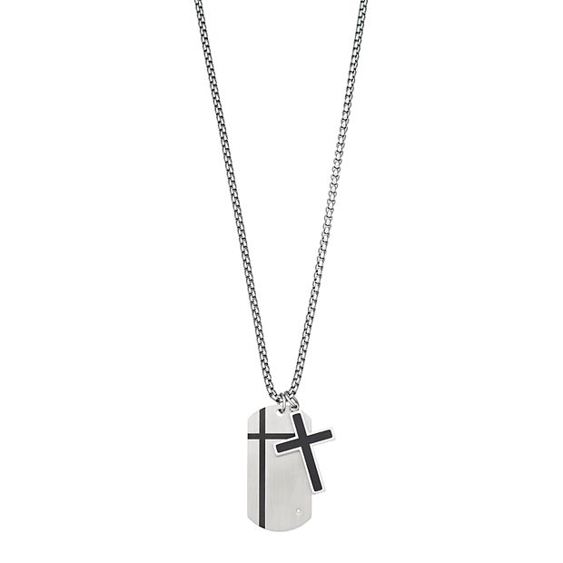 Stainless Steel .06ctw Genuine Diamond Cross Dog Tag Chain Necklace