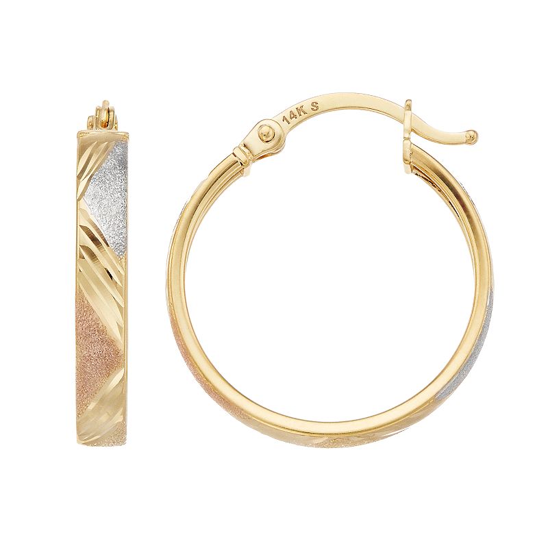 Forever 14K Tri Tone 14k Gold Textured Hoop Earrings, Womens