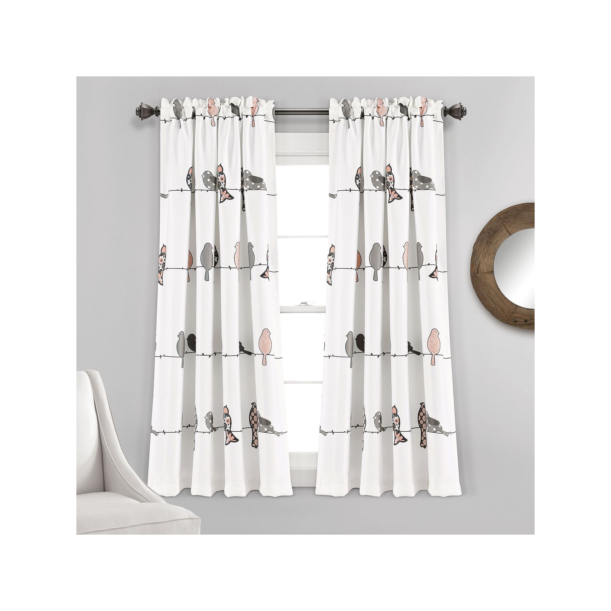 Lush Decor Rowley Birds Room Darkening Window Curtain Set, Blush Gray