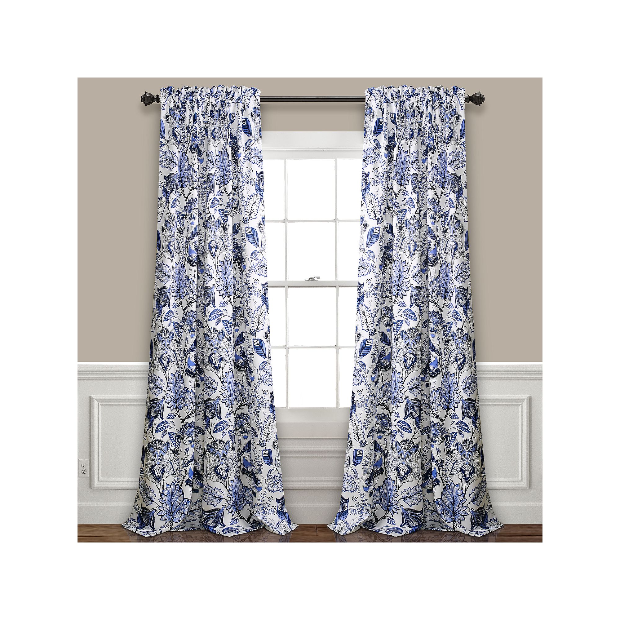 Lush Decor Cynthia Jacobean Room Darkening Window Curtain Set, Blue