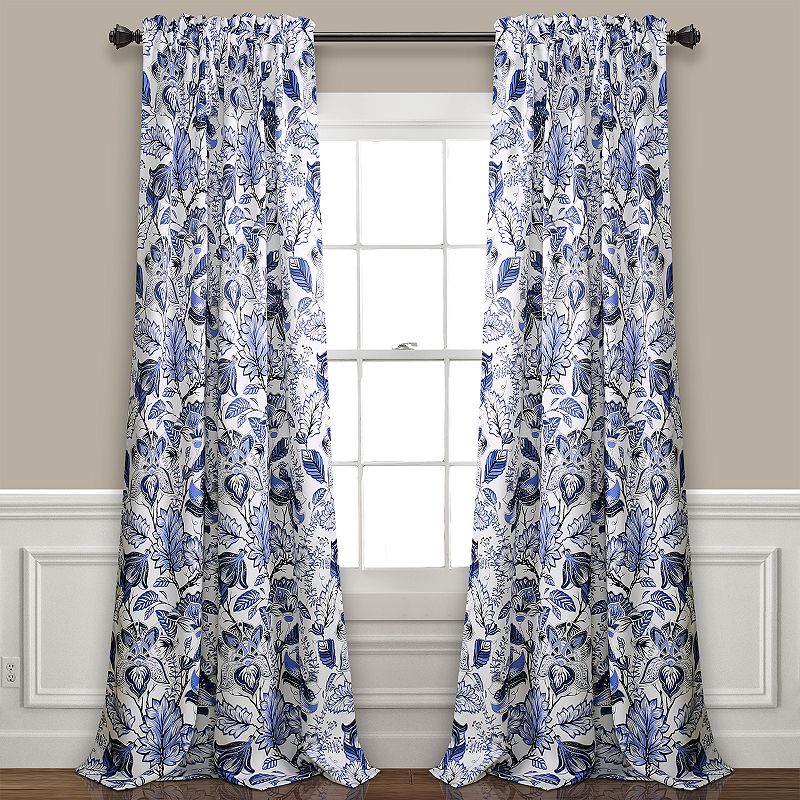 Lush Decor Cynthia Jacobean Room Darkening 84  x 52  + 2  Header Print Blue 3  Rod Pocket 2-Piece Set Window Panel Curtain