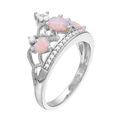 LeRose by Lexi and Rose Sterling Silver Lab-Created Pink Opal & White Sapphire Crown Ring