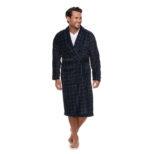 Men's Navy Blue Plush Soft Warm Fleece Bathrobe with Hood, Comfy Men's Robe