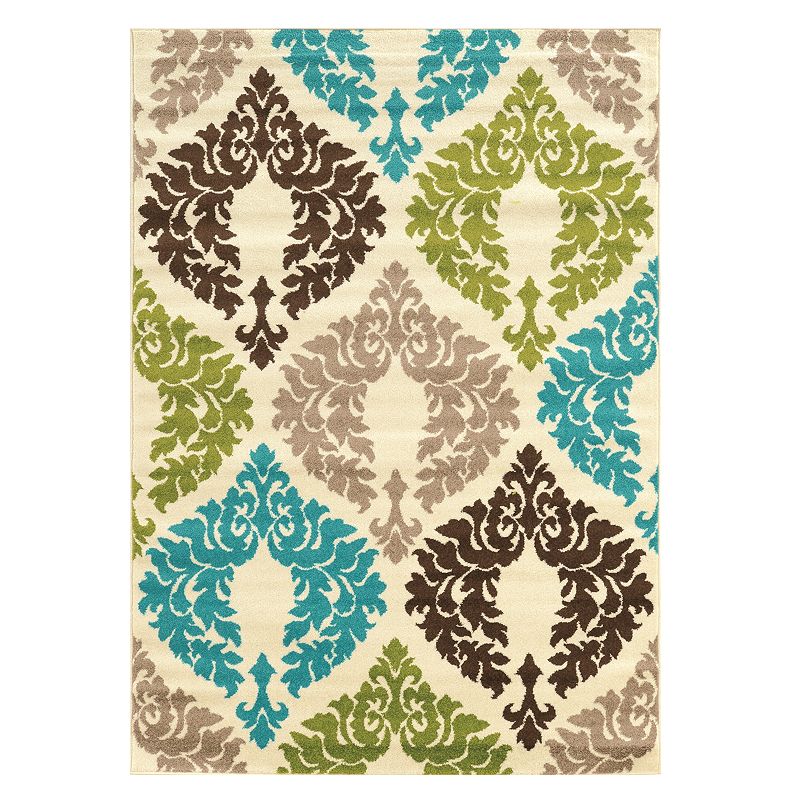 Linon Claremont Damask Rug, Beig/Green, 8X10 Ft