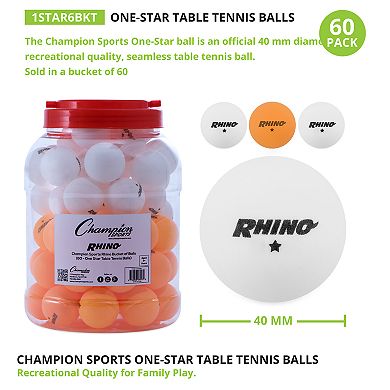 Champion Sports Bucket of 60 Count 1 Star Table Tennis Balls