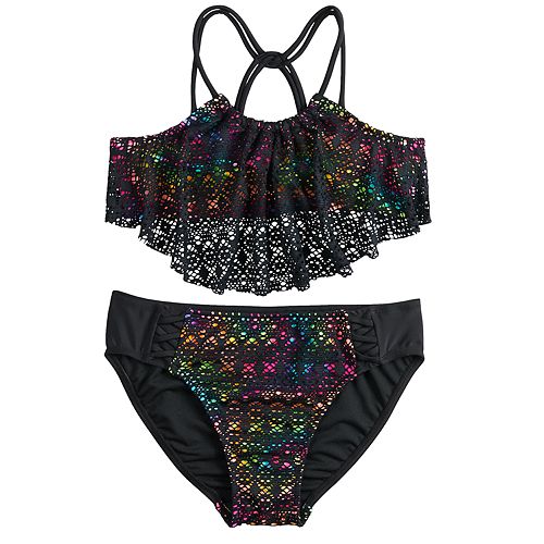 Girls 4-16 SO® Crochet & Rainbow Flounce Bikini Top & Bottoms Swimsuit Set