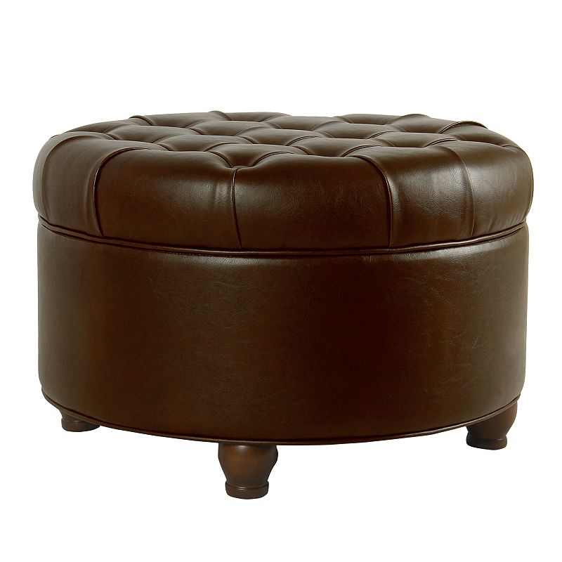 HomePop Large Faux Leather Tufted Round Storage Ottoman-Brown