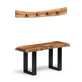 Alaterre Furniture Alpine Live Edge Bench, Coat Hook & Key Holder 3 pc Set