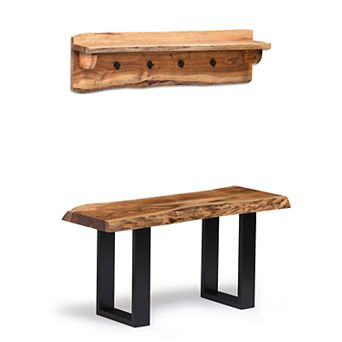 Alaterre Furniture Alpine Live Edge Bench & Coat Hook Wall Shelf 2 pc Set