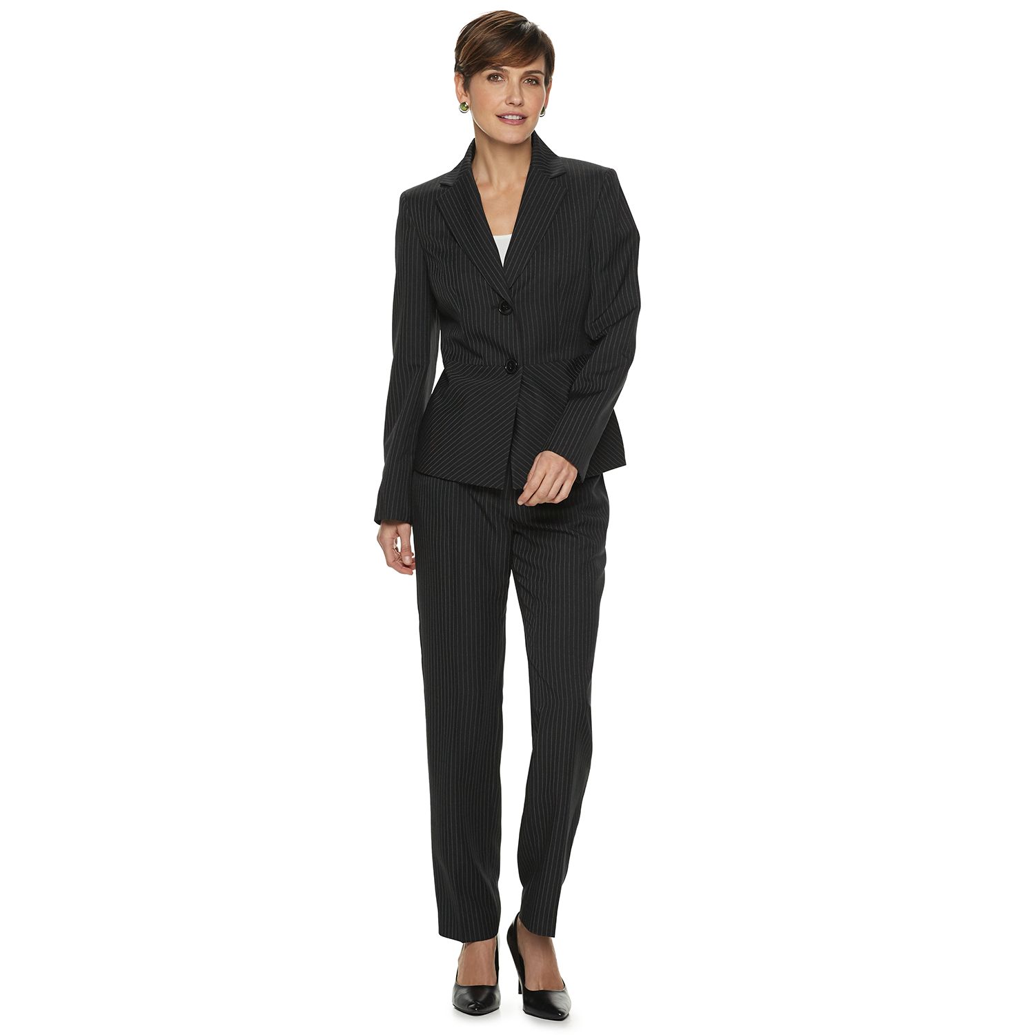 black pinstripe pant suit