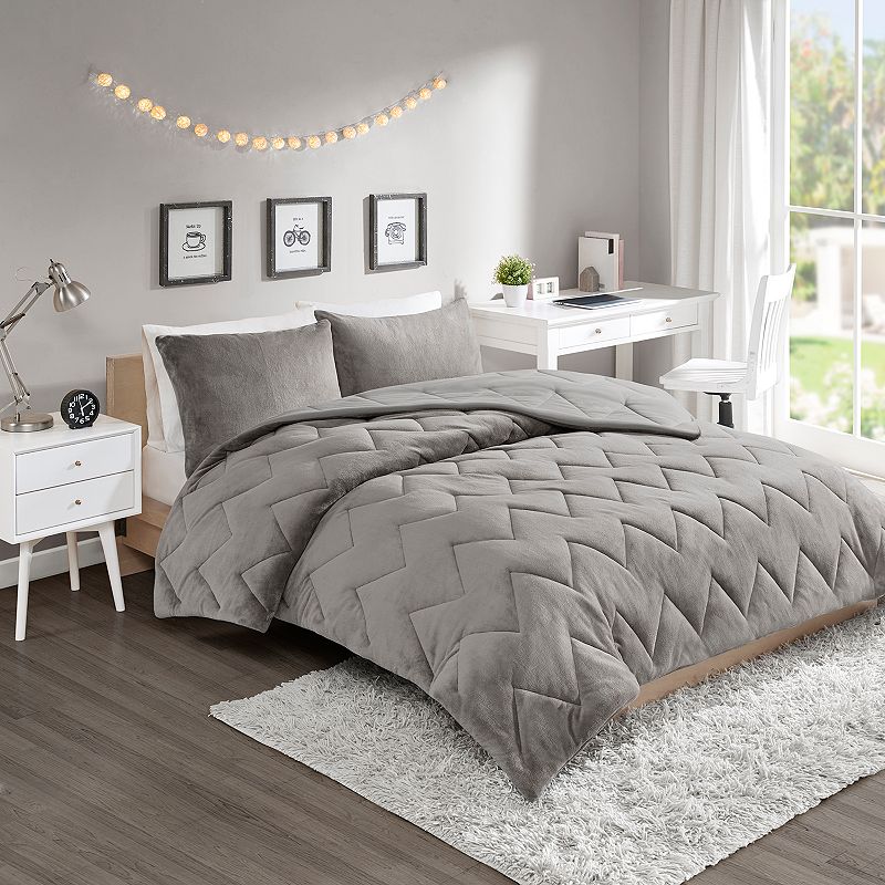 Intelligent Design Kai Plush Reversible Comforter Set, Grey, Twin