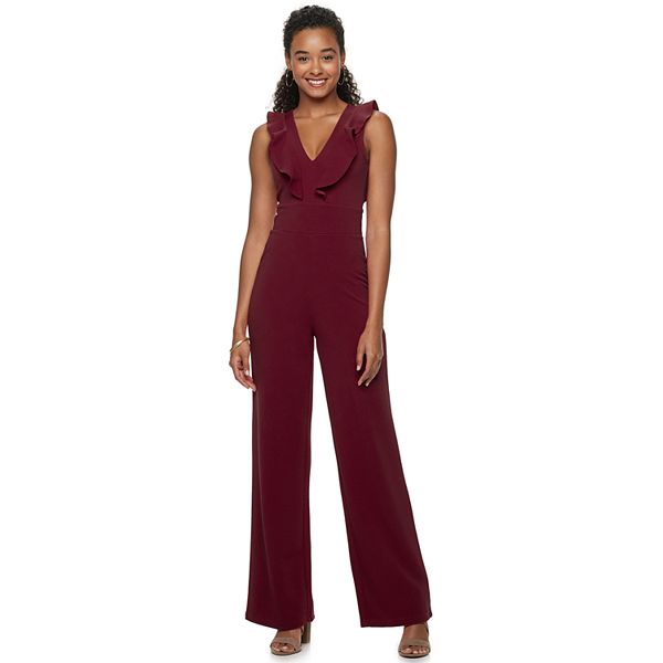 Juniors' Ruffled Open-Back Almost Famous Jumpsuit