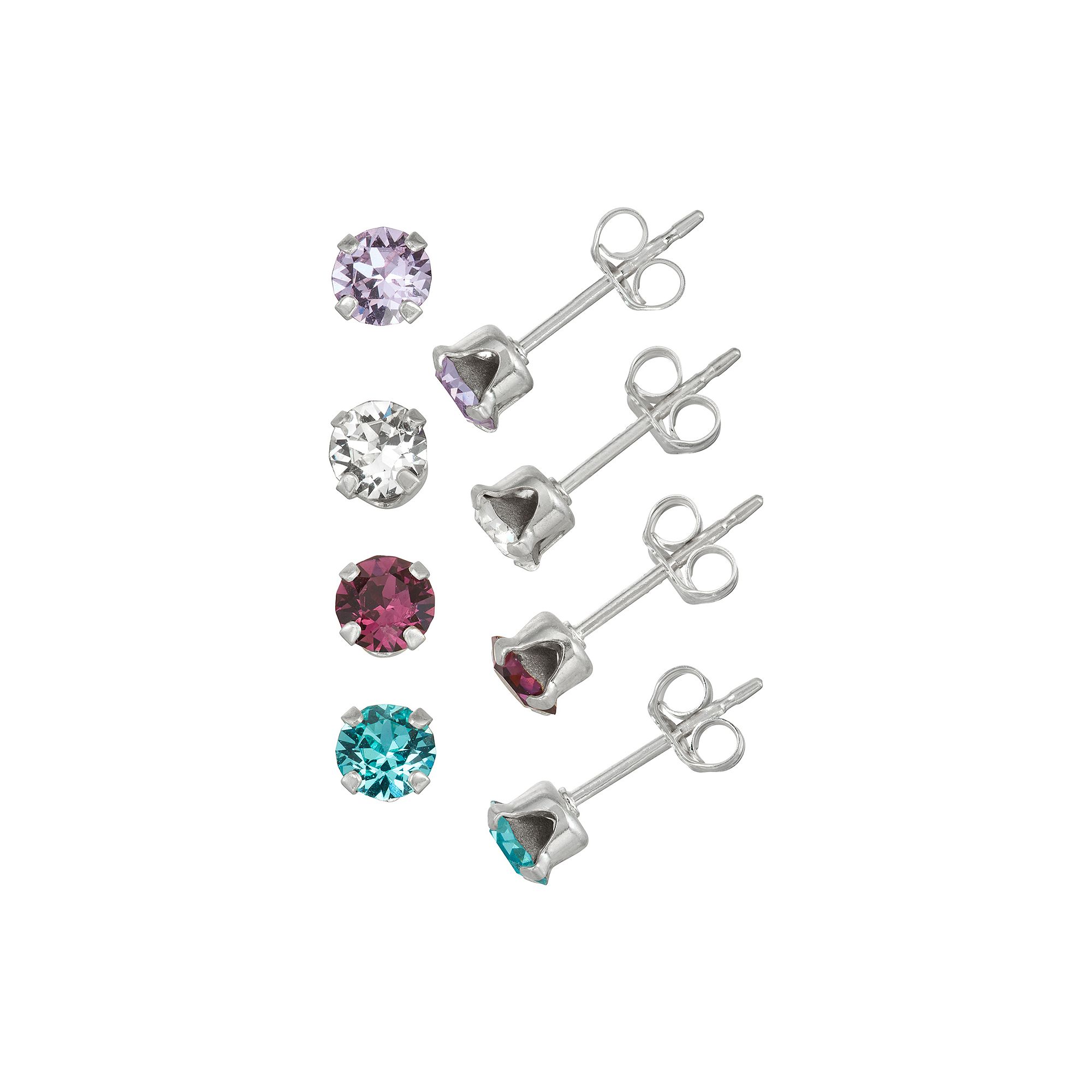 Charming Girl Kids Sterling Silver Crystal 4 mm Stud Earring Set - 4 Pair,