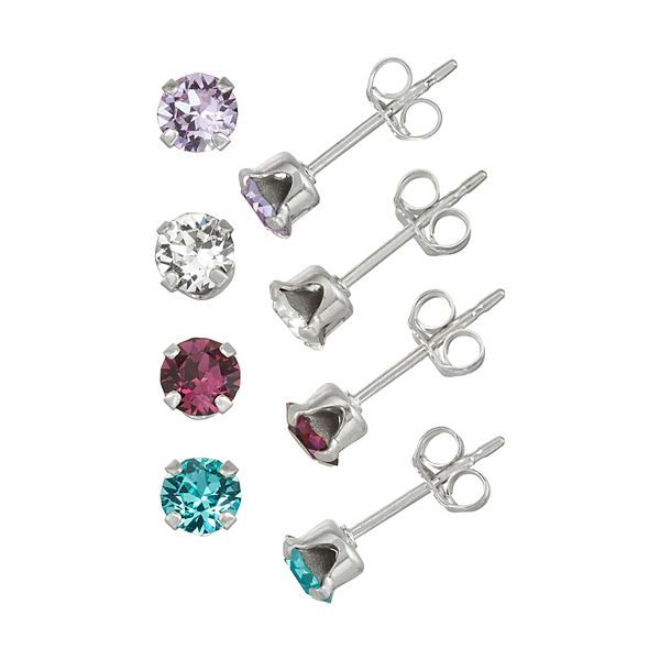 Charming Girl Kids' Sterling Silver Crystal 4 mm Stud Earring Set 4 Pair