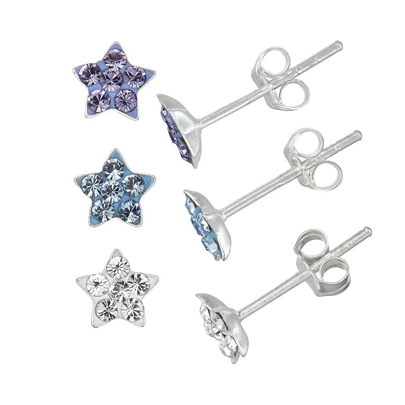 Charming Girl Kids Sterling Silver Crystal Star Stud Earring Set - 3 Pair,