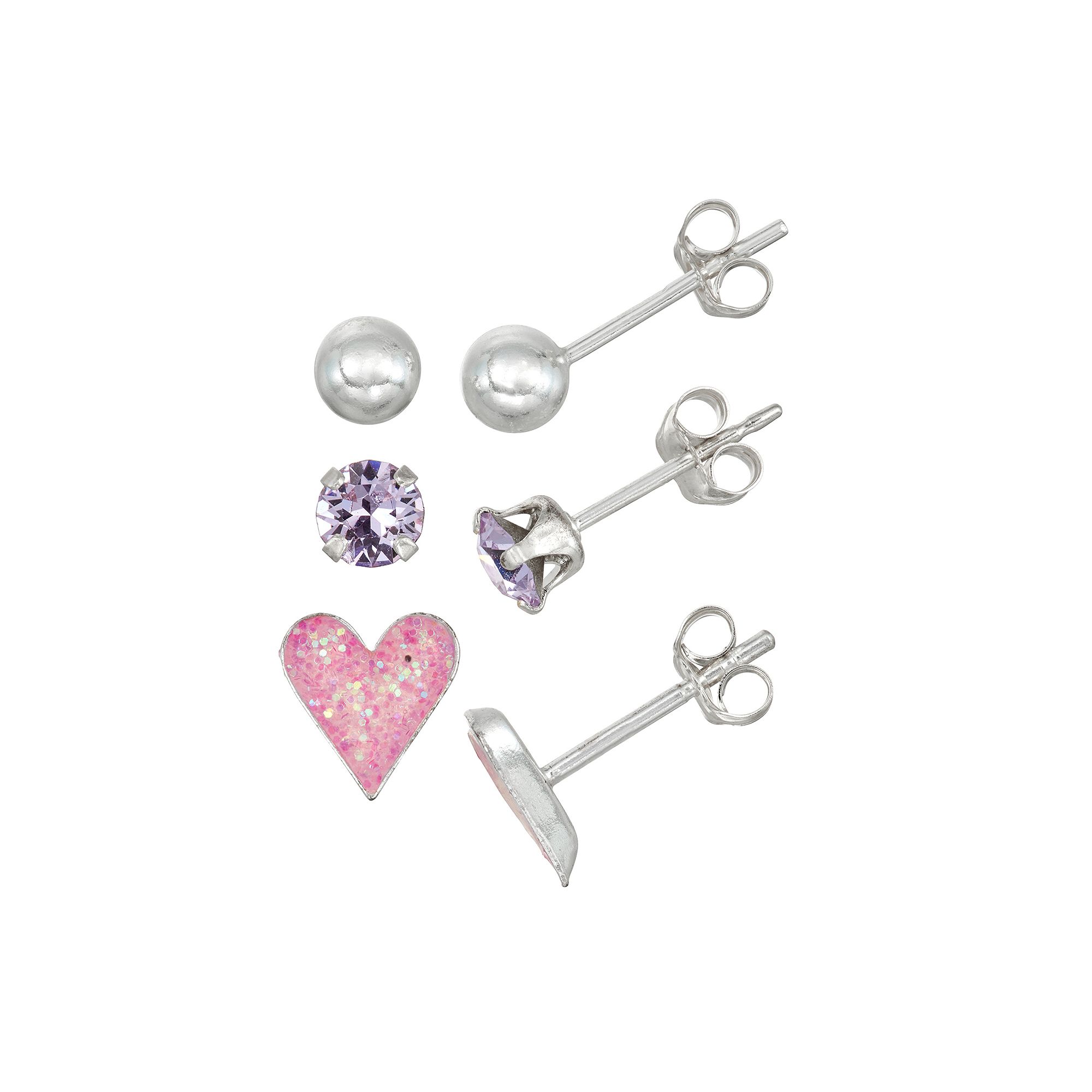 Charming Girl Kids Sterling Silver Crystal, Heart & Ball Stud Earring Set 