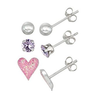 Charming Girl Kids' Sterling Silver Crystal, Heart & Ball Stud Earring Set - 3 Pair