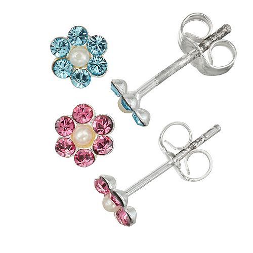 Charming Girl Kids' Sterling Silver Simulated Pearl & Crystal Flower