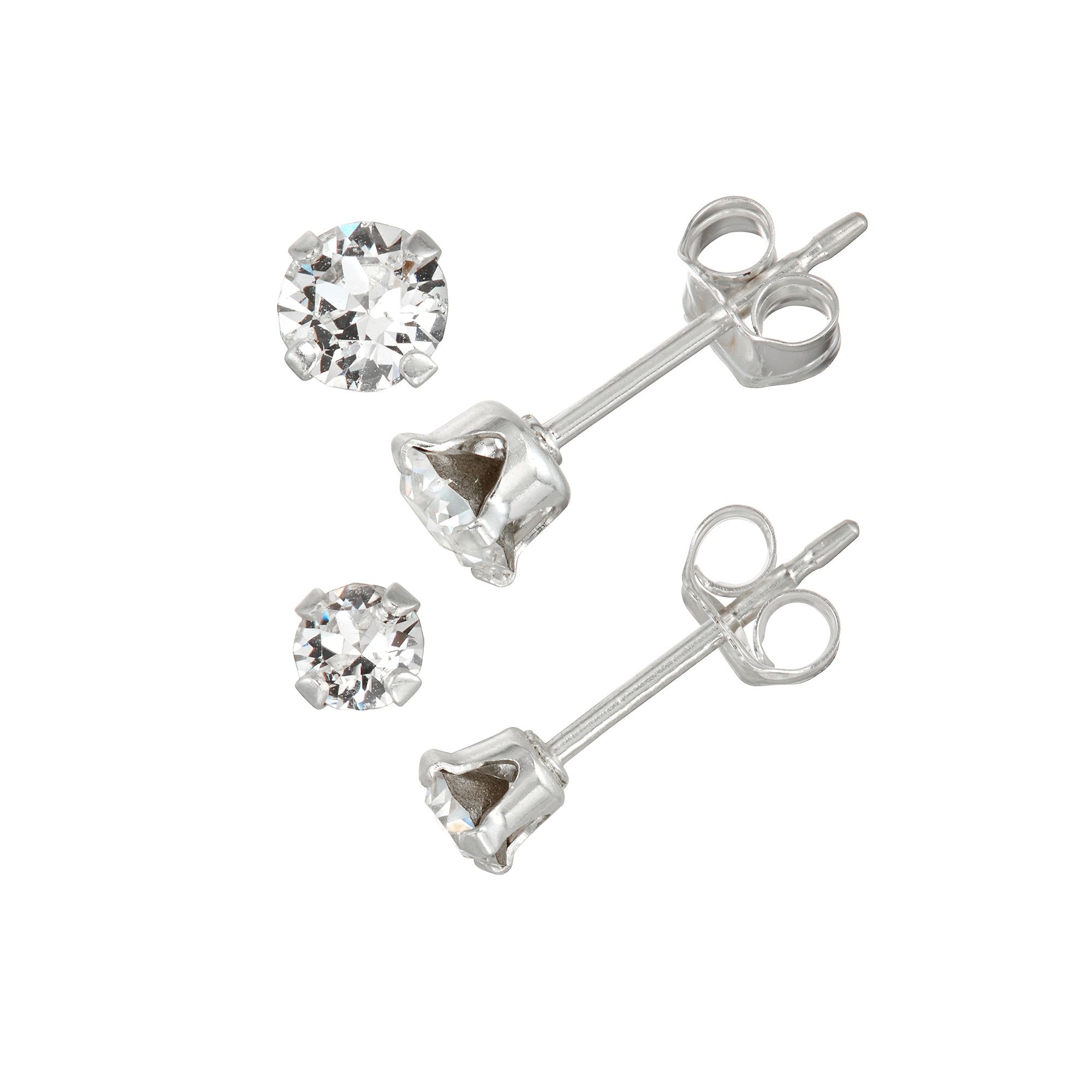 Charming Girl Kids Sterling Silver Crystal Stud Earring Set - 2 Pair, Girl