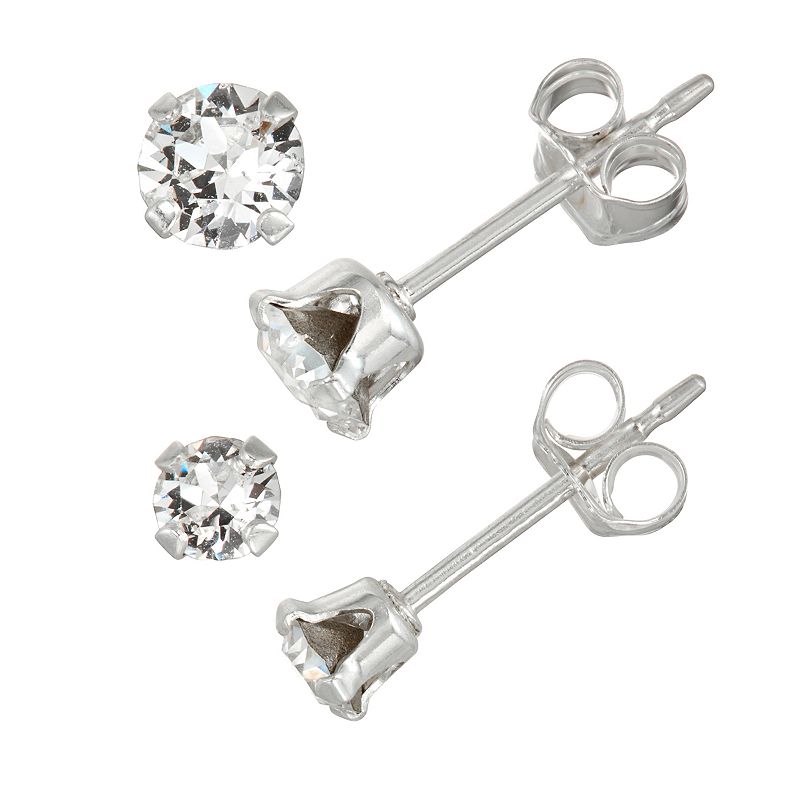 Charming Girl Kids Sterling Silver Crystal Stud Earring Set - 2 Pair, Girl