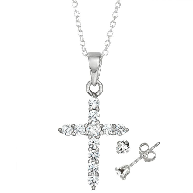 Charming Girl Kids Sterling Silver Cubic Zirconia Cross Pendant & Stud Ear