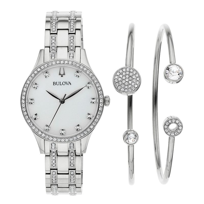 Bulova Women's Crystal Watch & Bracelet Set - 96X145, Silver Tone