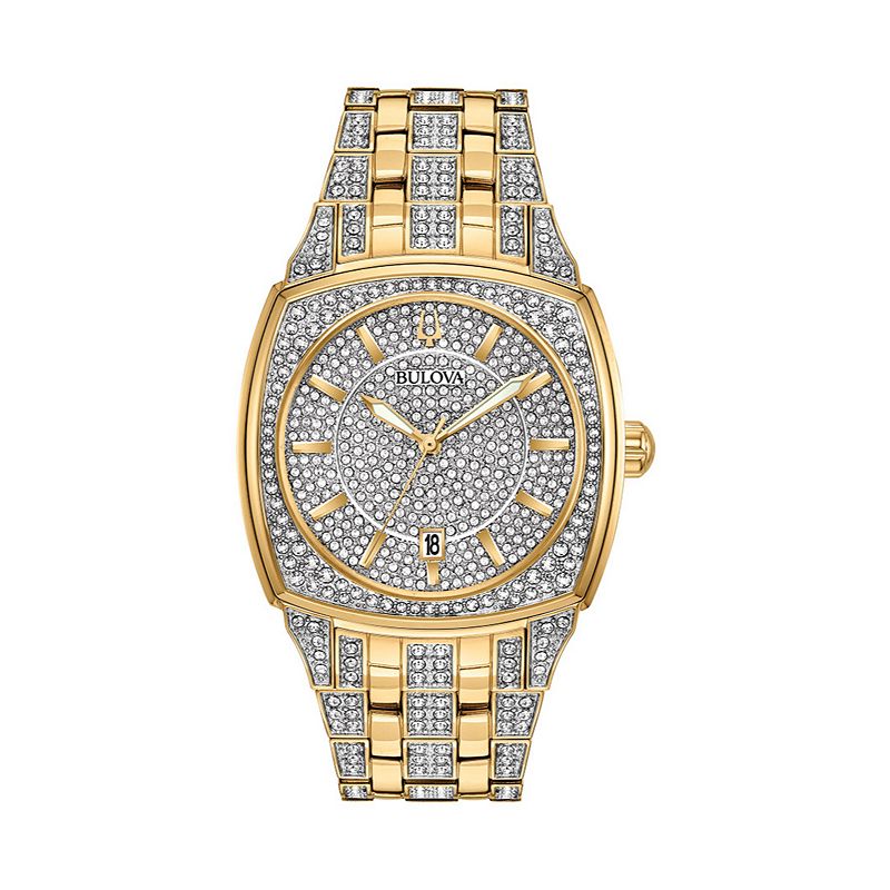Mens Bulova Bulova Men's Gold-Tone Crystal Watch, Pave Dial - 98B323, Gold Tone