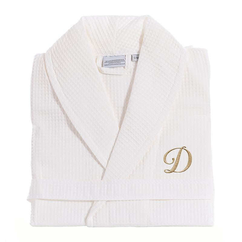 Linum Home Textiles Turkish Cotton Personalized Waffle Weave Bathrobe, Adult Unisex, Size: Small/Medium, White Gold D