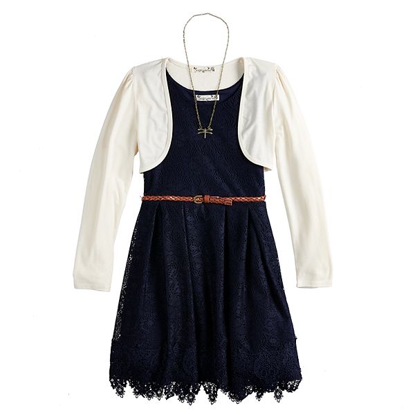 Girls 716 Knitworks Belted Lace Skater Dress & Shrug Set with Necklace