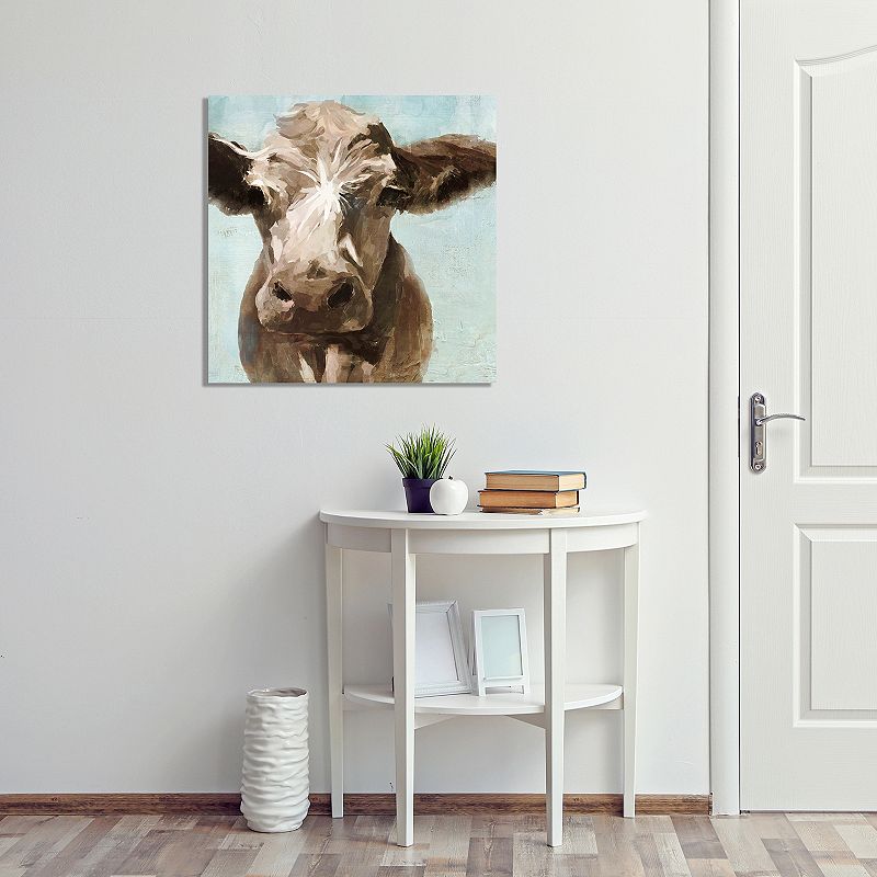 New View Cow Canvas Wall Art, Blue, 16X16