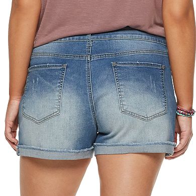 Juniors' Plus Size SO® Frayed Cuff Midi Jean Shorts