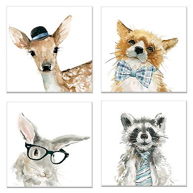 Fox, Deer, Rabbit & Raccoon Canvas Wall Art 4-piece Set