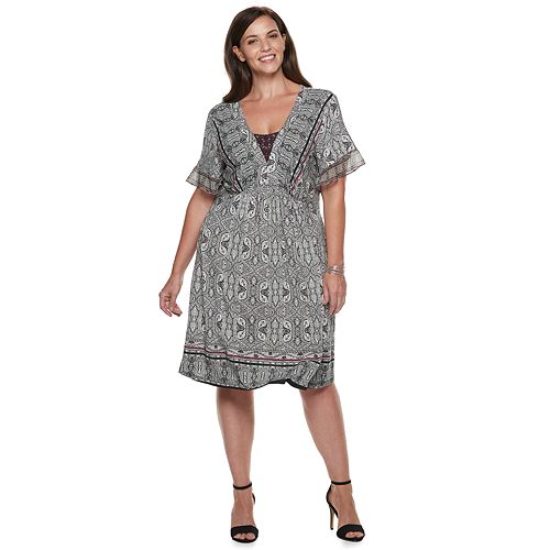  Plus  Size  World Unity Printed Flutter  Sleeve  Dress 