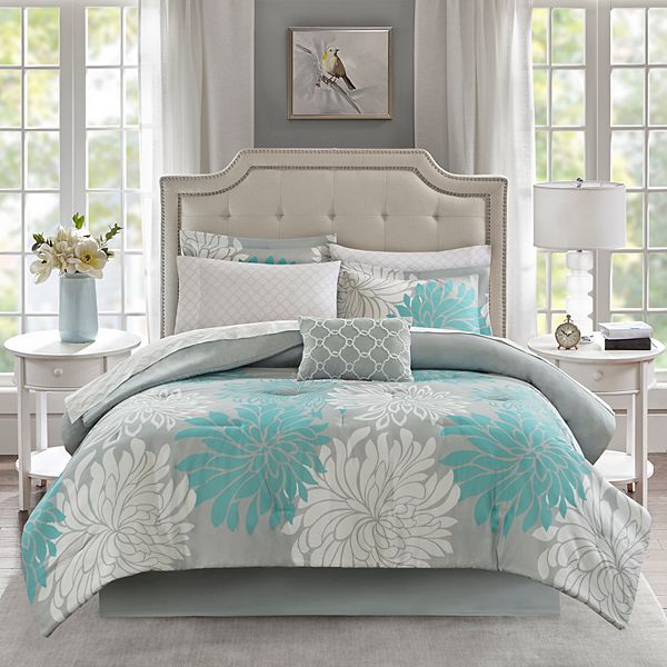 Madison Park Essentials Caldwell Comforter Set with Cotton Bed Sheets and Throw Pillow - Aqua (TWIN)