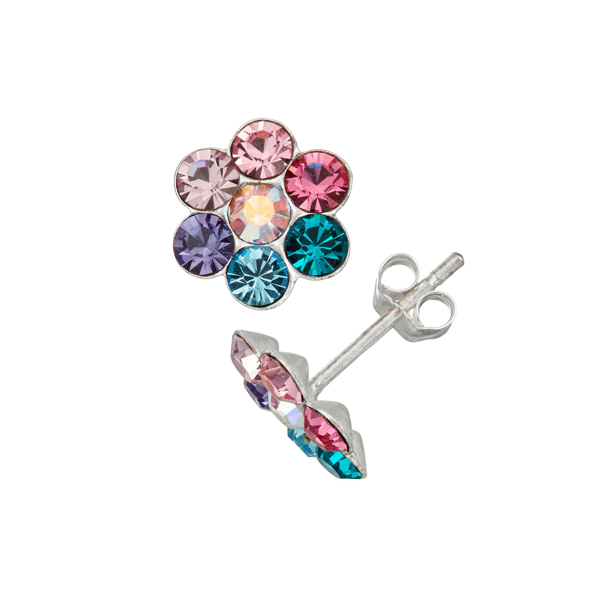 Charming Girl Kids Sterling Silver Multicolor Crystal Flower Earrings, Gir