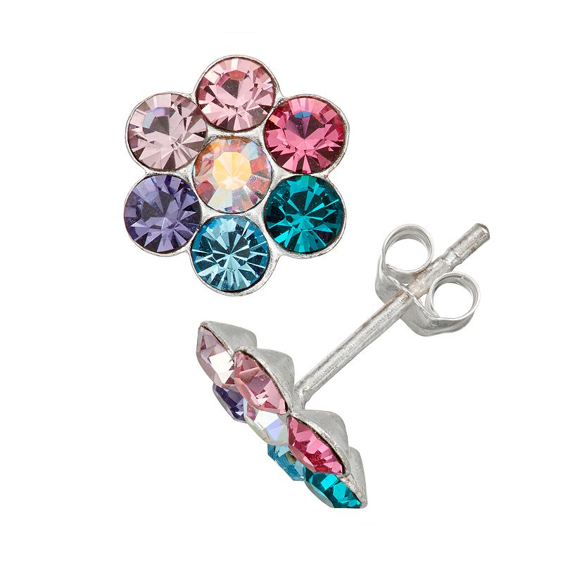 Charming Girl Kids Sterling Silver Multicolor Crystal Flower Earrings, Gir